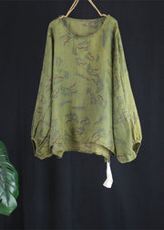 Women Green O Neck Print Patchwork Linen Top Lantern Sleeve