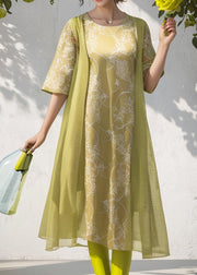 Women Green O Neck Print Patchwork Silk Dresses Summer