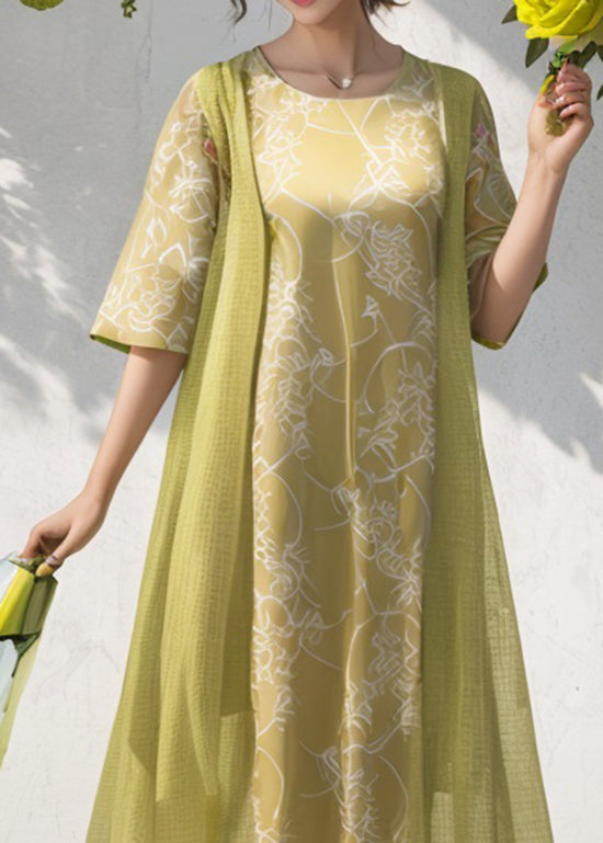 Women Green O Neck Print Patchwork Silk Dresses Summer