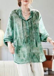 Women Green O-Neck Print Silk Shirts Fall