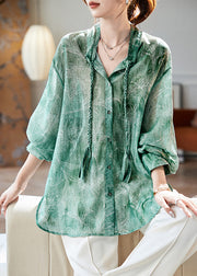 Women Green O-Neck Print Silk Shirts Fall