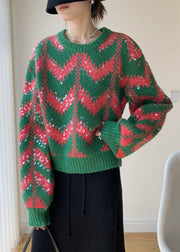 Women Green O Neck Sequins Patchwork Knit Sweaters Winter