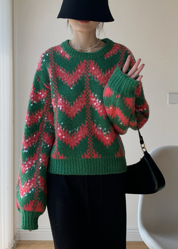 Women Green O Neck Sequins Patchwork Knit Sweaters Winter