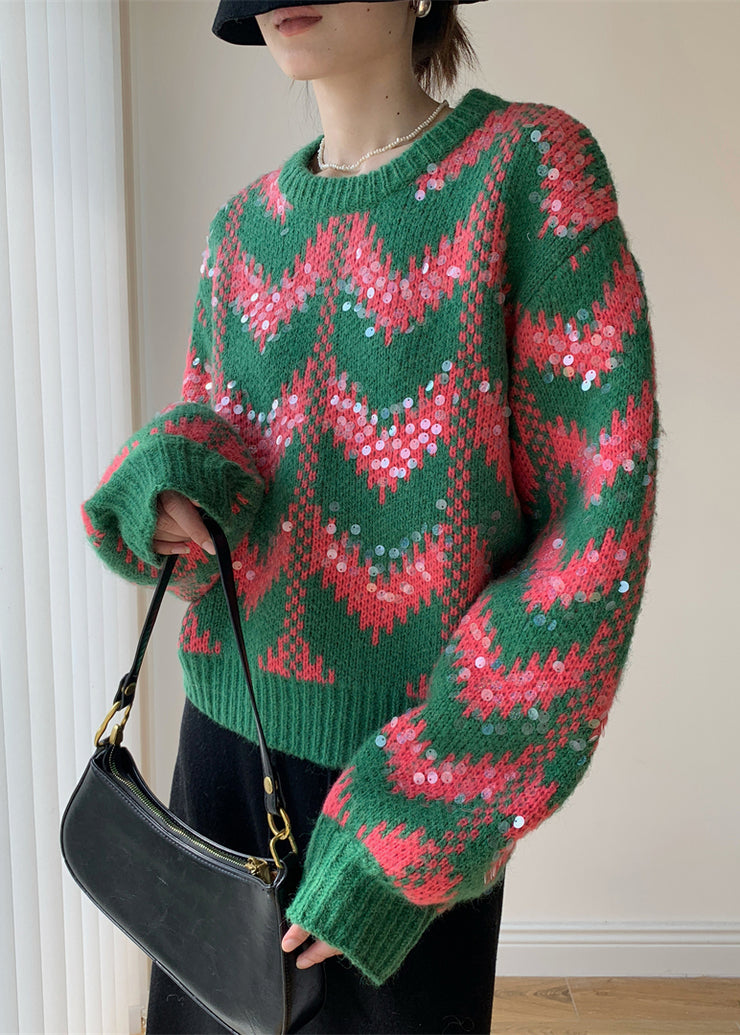 Women Green O Neck Sequins Patchwork Knit Sweaters Spring