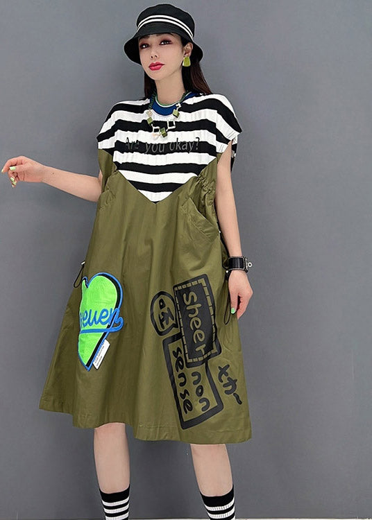 Women Green O-Neck Striped Patchwork Print Pockets Dresses Short Sleeve