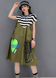 Women Green O-Neck Striped Patchwork Print Pockets Dresses Short Sleeve