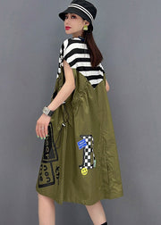 Women Green O-Neck Striped Patchwork Print Pockets Dresses Short Sleeve