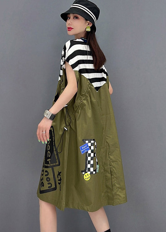 Women Green O-Neck Striped Patchwork Print Pockets Dresses Short Sleeve