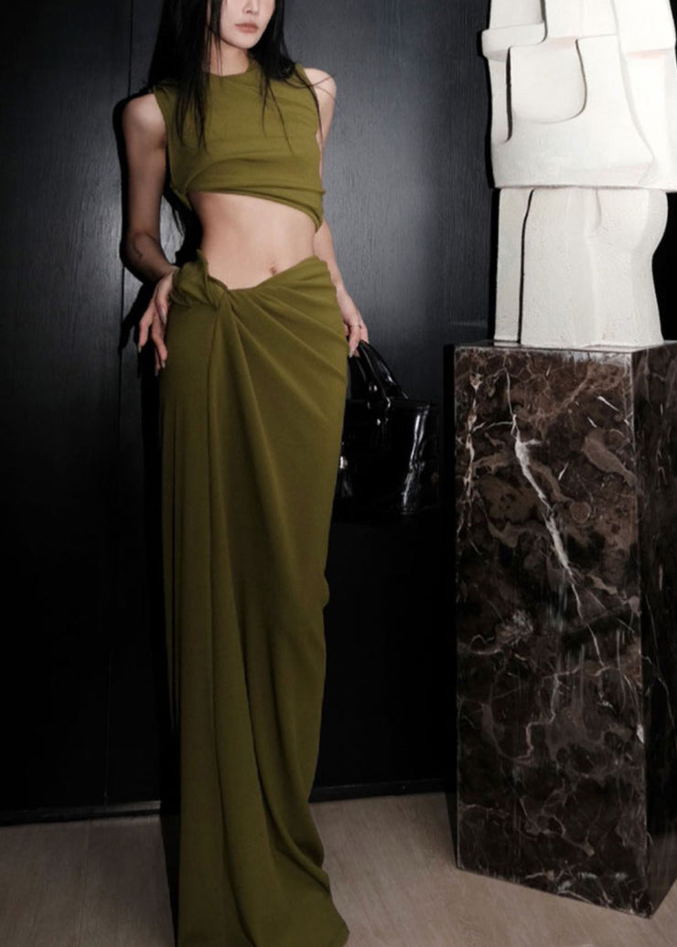 Women Green O-Neck Vest And Maxi Skirts Two Pieces Set Summer