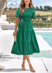 Women Green O-Neck Wrinkled Patchwork Chiffon Dress Summer