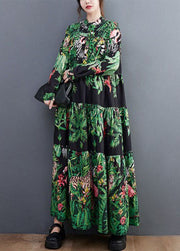 Women Green Oversized Patchwork Exra Large Hem Cotton Holiday Dress Spring