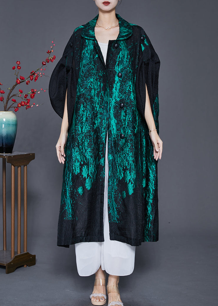 Women Green Oversized Patchwork Jacquard Spandex Trench Coats Spring