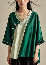 Women Green Oversized Patchwork Ruffled Linen Shirt Summer