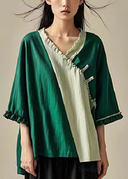 Women Green Oversized Patchwork Ruffled Linen Shirt Summer