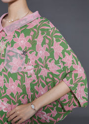Women Green Oversized Print Chiffon Tops Batwing Sleeve