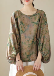 Women Green Oversized Print Cotton Blouse Top Fall