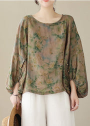 Women Green Oversized Print Cotton Blouse Top Fall