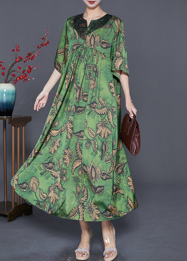 Women Green Oversized Print Exra Large Hem Silk Ankle Dress Summer