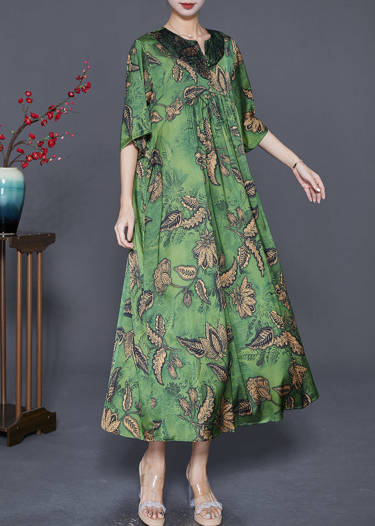 Women Green Oversized Print Exra Large Hem Silk Ankle Dress Summer