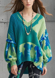 Women Green Oversized Tie Dye Knitted Tops Lantern Sleeve