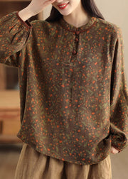 Women Green Patchwork Button Linen Shirts Long Sleeve