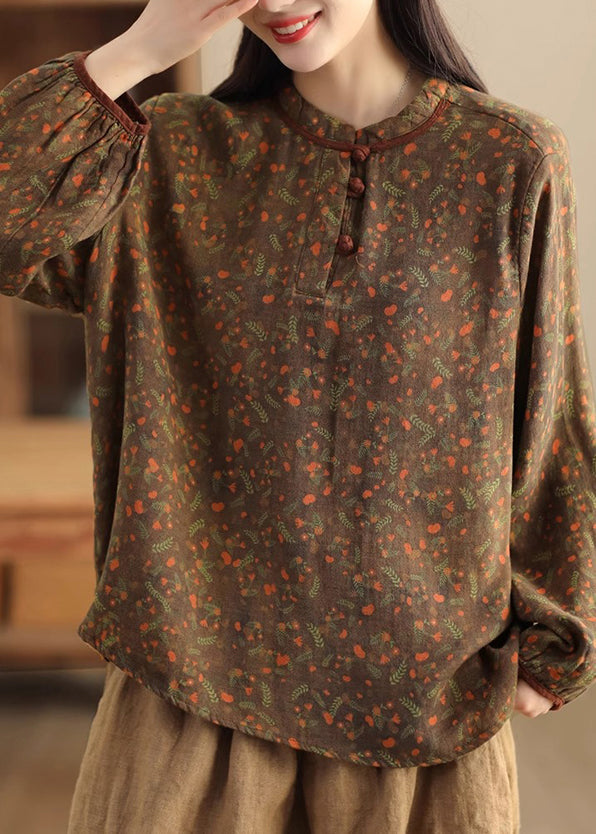 Women Green Patchwork Button Linen Shirts Long Sleeve