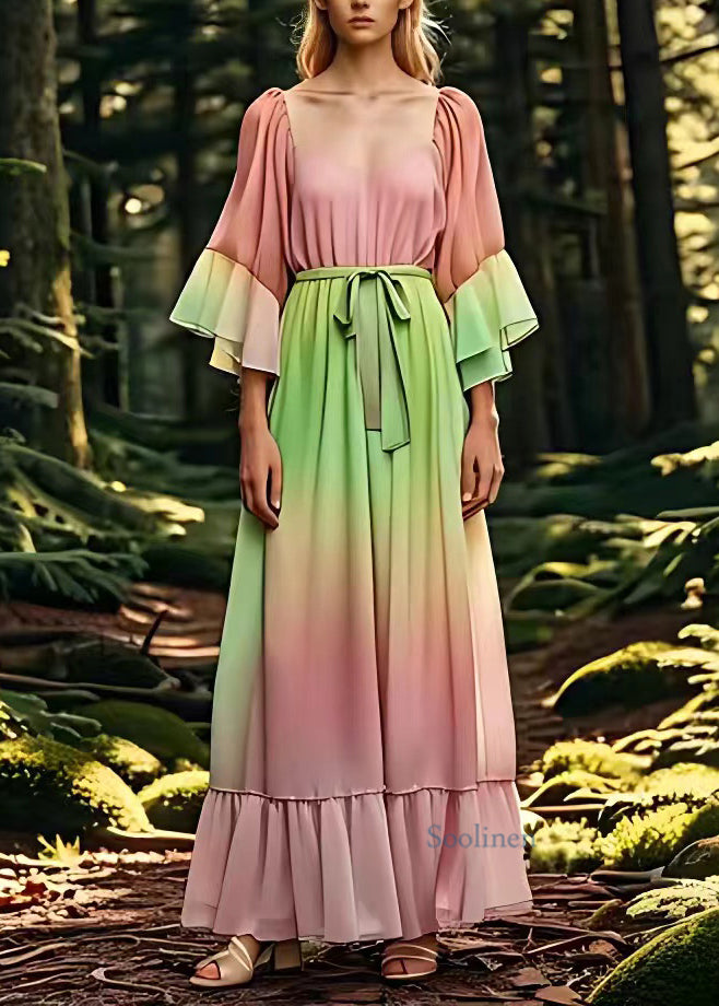 Women Green Patchwork Chiffon Maxi Dress Fall