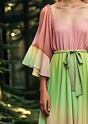 Women Green Patchwork Chiffon Maxi Dress Fall