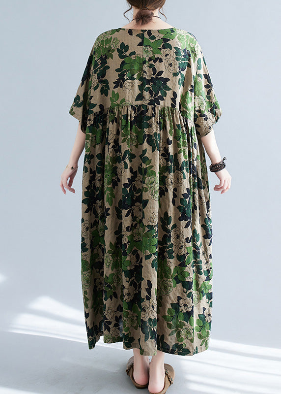 Women Green Patchwork Print Cotton Maxi Dress Short Sleeve