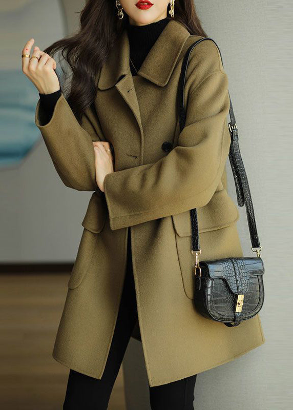 Women Green Peter Pan Collar Button Pockets Woolen Coat Winter