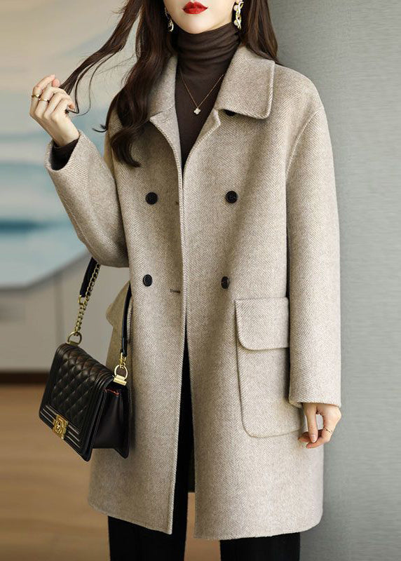 Women Green Peter Pan Collar Button Pockets Woolen Coat Winter