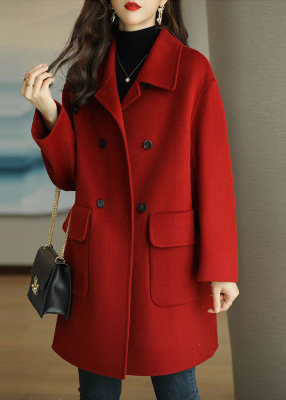 Women Green Peter Pan Collar Button Pockets Woolen Coat Winter