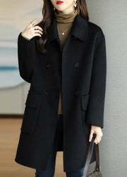 Women Green Peter Pan Collar Button Pockets Woolen Coat Winter