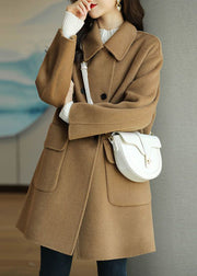 Women Green Peter Pan Collar Button Pockets Woolen Coat Winter