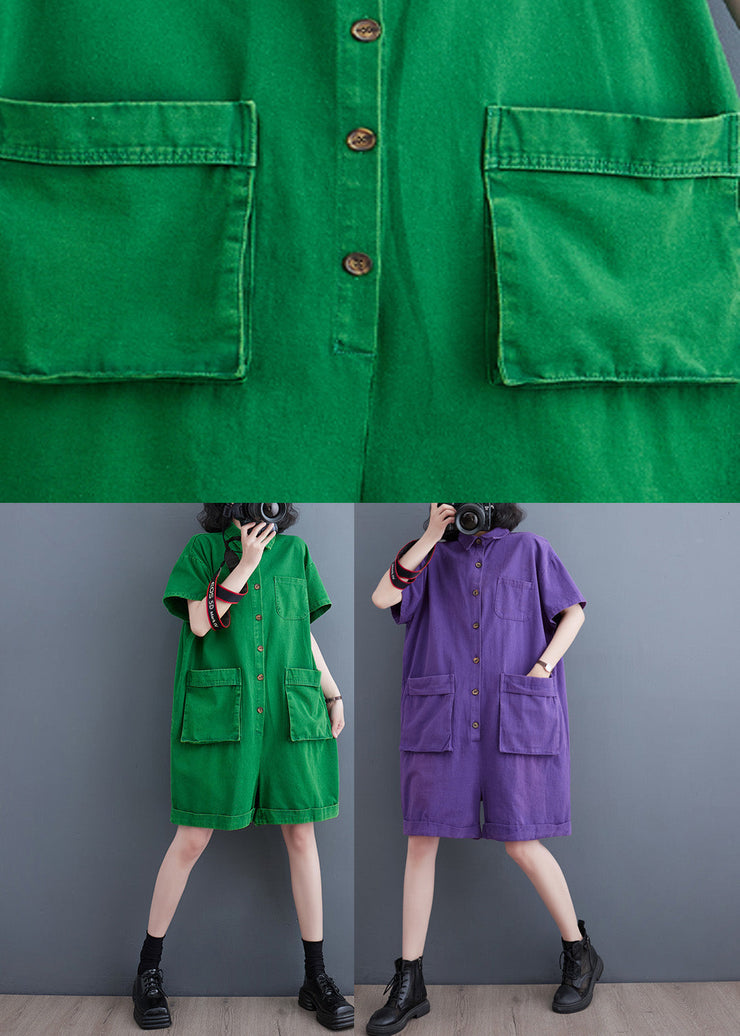 Women Green Peter Pan Collar Button Solid Denim Jumpsuit Summer