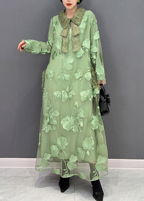 Women Green Peter Pan Collar Embroideried Patchwork Tulle Long Dresses Long Sleeve