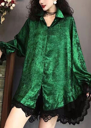 Women Green Peter Pan Collar Lace Patchwork Silk Shirt Long Sleeve