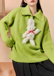 Women Green Peter Pan Collar Patchwork Knit Sweaters Winter