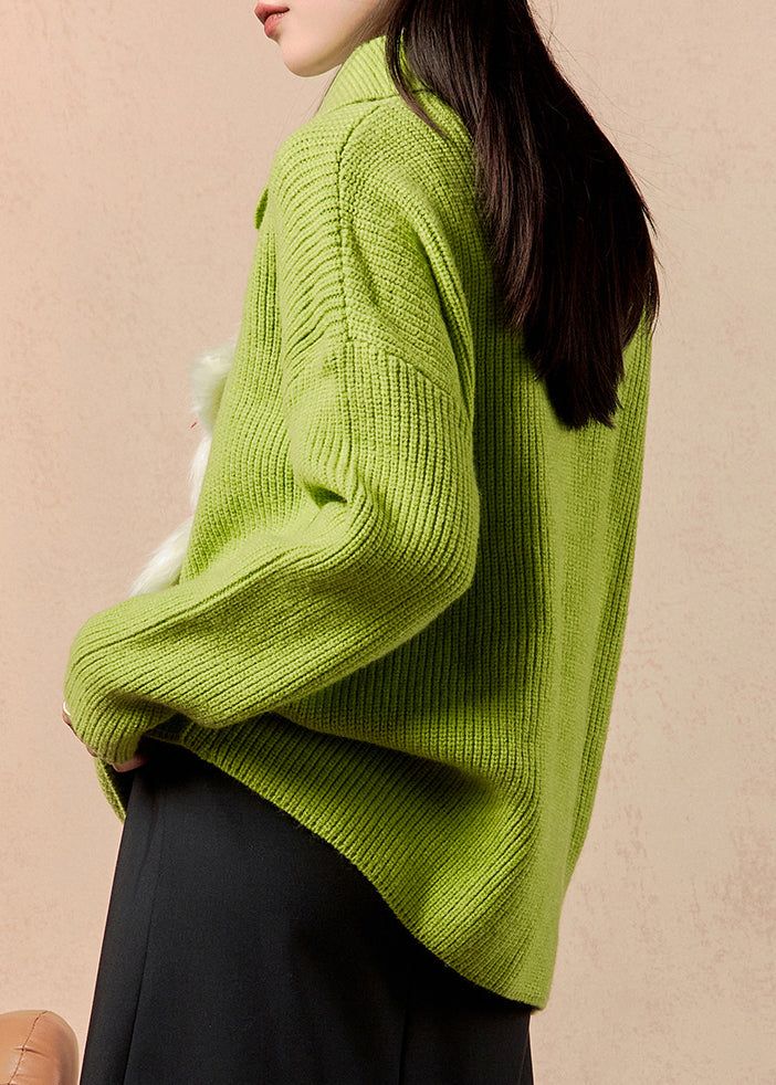 Women Green Peter Pan Collar Patchwork Knit Sweaters Winter