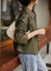 Women Green Peter Pan Collar Pockets Patchwork Sheepskin Coats Fall