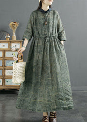 Women Green Peter Pan Collar Wrinkled Print Patchwork Linen Dress Summer