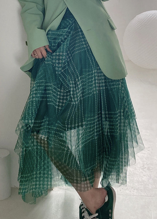 Women Green Plaid Asymmetrical High Waist Patchwork Tulle Skirts Summer