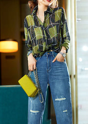 Women Green Plaid Zircon Patchwork Cotton Blouses Spring