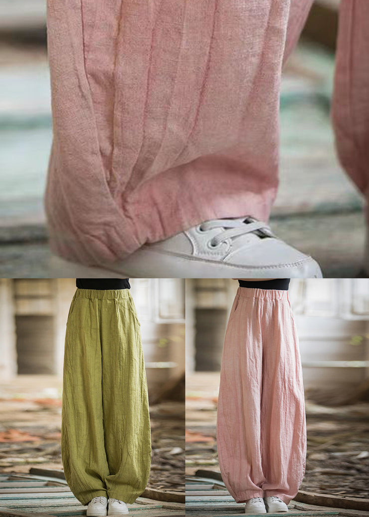 Women Green Pockets Elastic Waist Linen Pants Summer