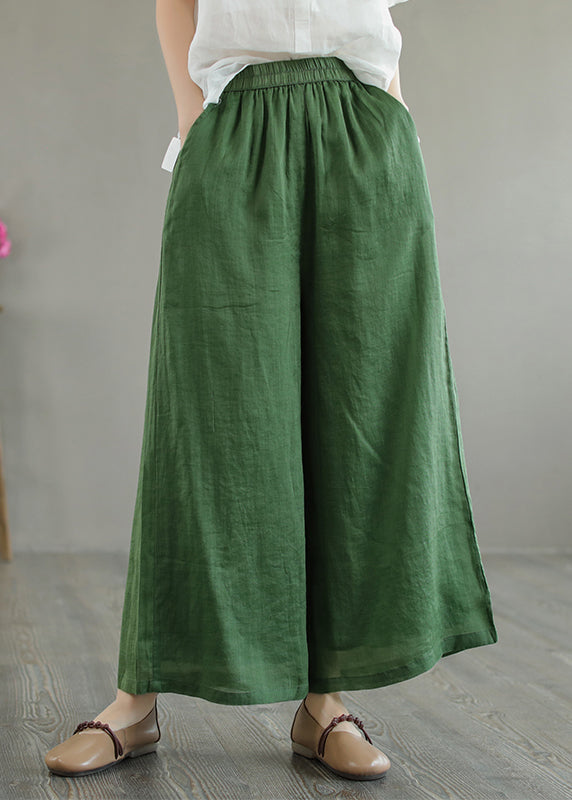 Women Green Pockets Elastic Waist Linen Wide Leg Pants Summer