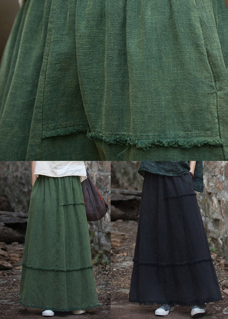 Women Green Pockets Raw Edge Patchwork Linen Skirt Spring