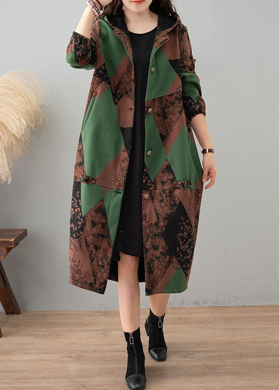 Women Green Print Hooded Patchwork Thick Cotton Trench Winter