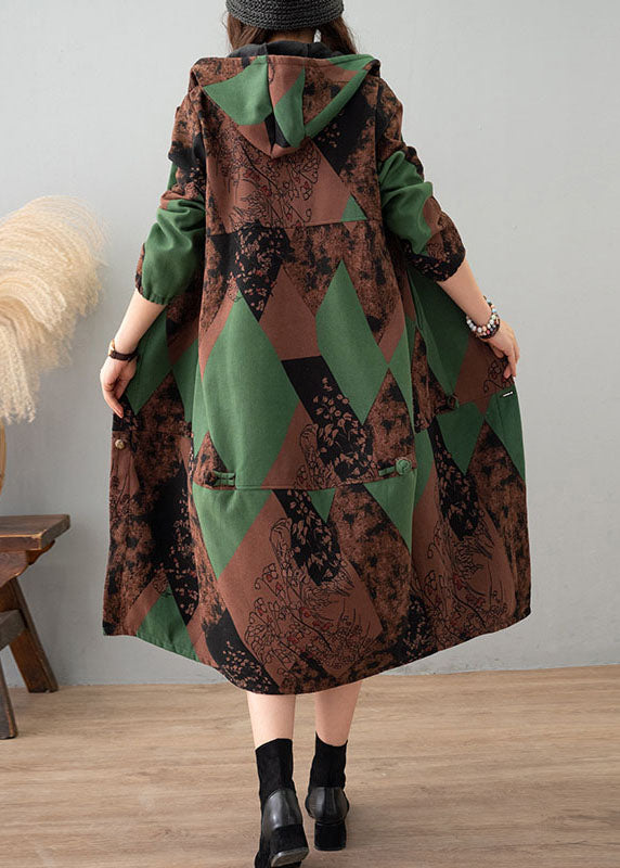 Women Green Print Hooded Patchwork Thick Cotton Trench Winter