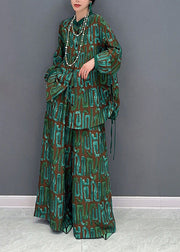 Women Green Print Oversized Side Open Silk Two Piece Set Spring