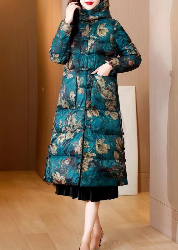 Women Green Print Pockets Chinese Button Duck Down Puffers Coat Winter